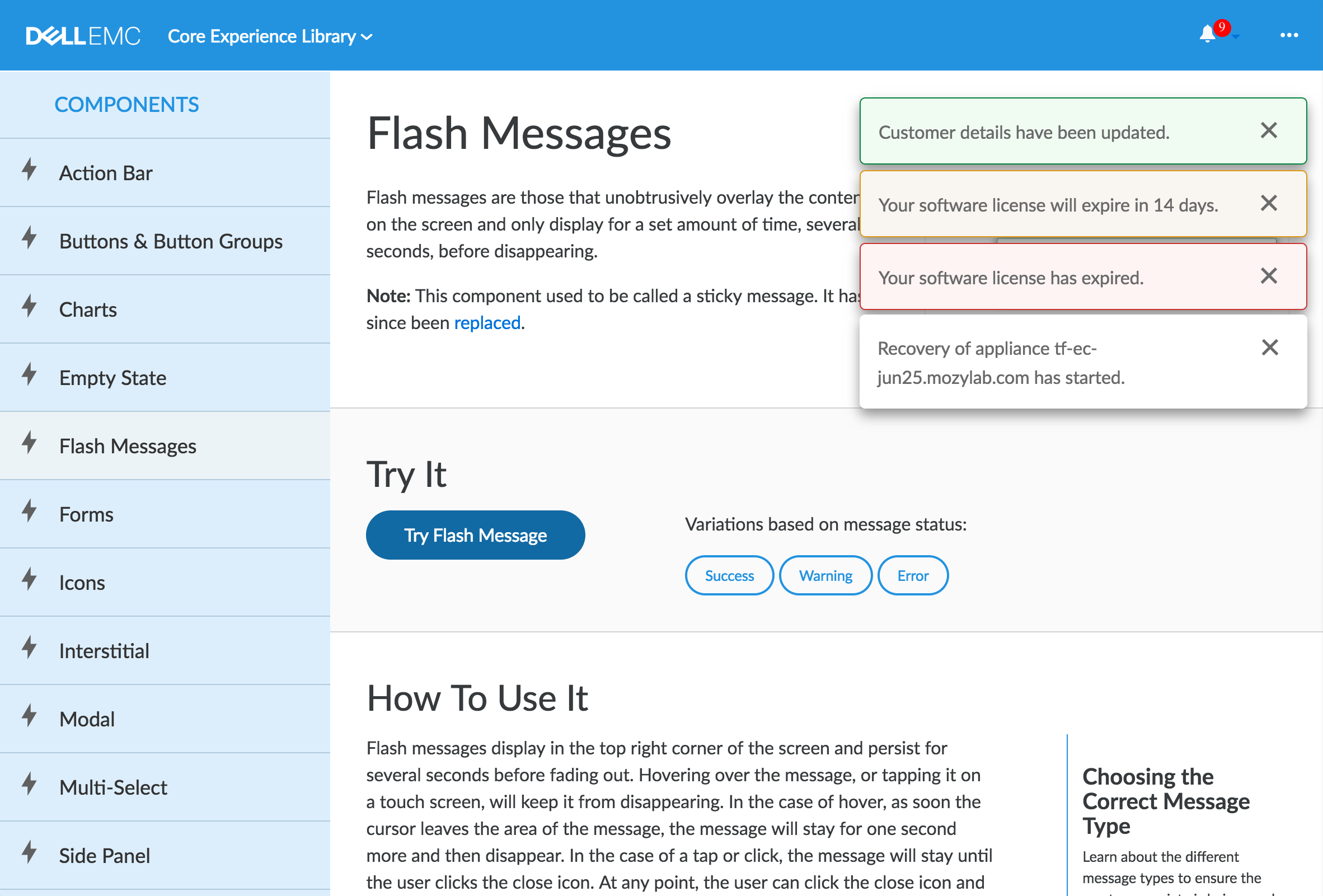Core Experience Library Screenshot Flash Messages